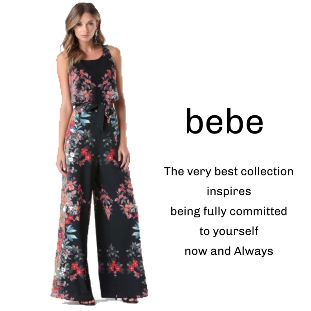 🆕bebe 💐 floral print sleeveless jumpsuit with chiffon top drape overlay Sz 0